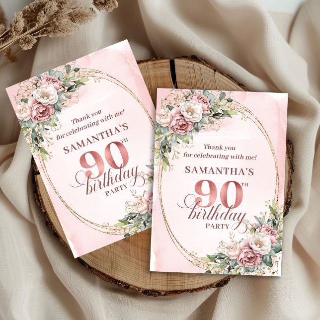 Romântico Rosa Dourado Folhagem Agradecimento de 9 (Romantic Rose Gold Greenery 90th Birthday Thank You Card)