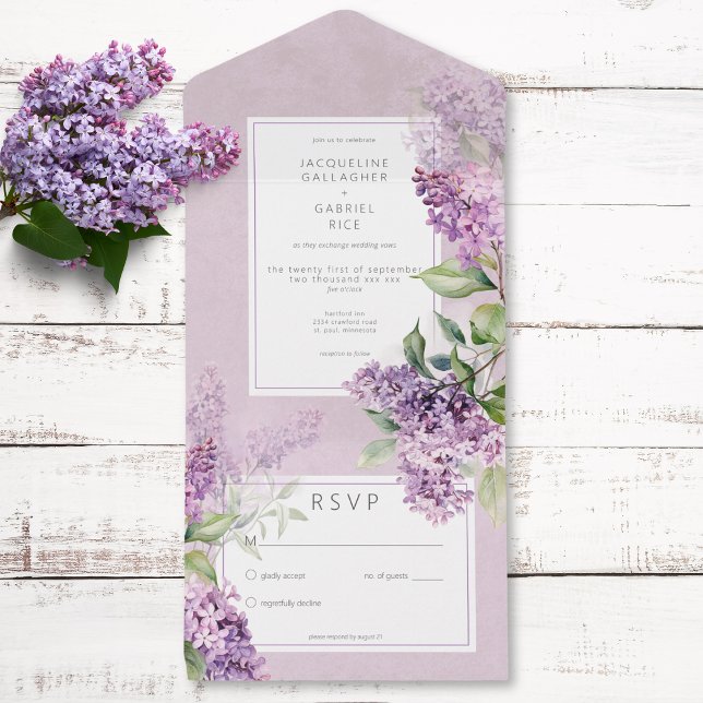 Romântico Rústico Lilases Roxos e Salvia Sem Janta (Rustic Romantic Purple & Sage Lilacs No Dinner All In One Invitation)