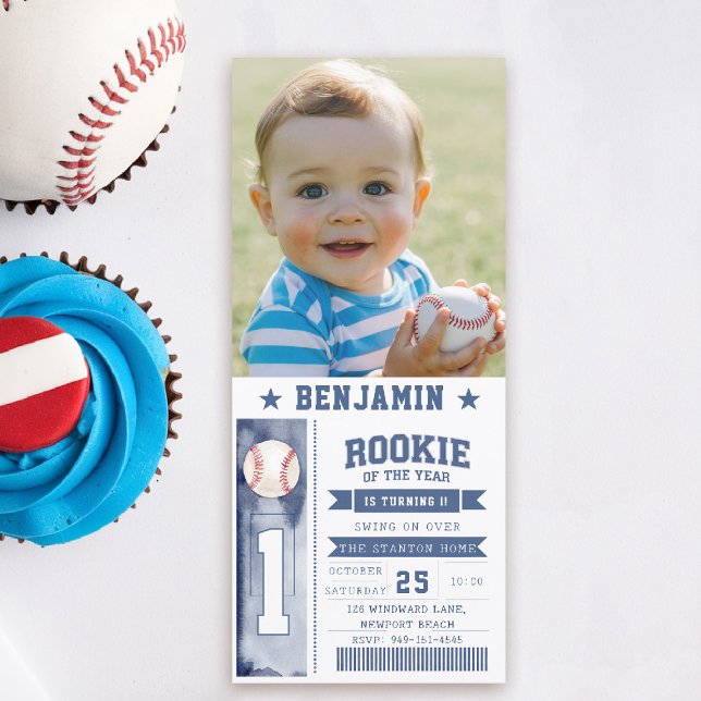 Rookie Baseball Foto Blue Boy Convite de Aniversár (boy 1st birthday invitation photo baseball rookie of the year sports ticket blue game time cute)