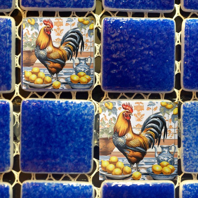 Rooster and Lemons Azulejo Style Blue Orange Cream (Criador carregado)