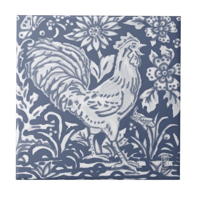 Rooster Azul Branco Delft Denim Cerâmica T (Frente)