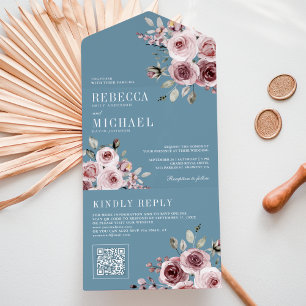 Rosa Azul Empoeirado Código QR Floral Casamento