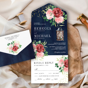 Rosa Bege Borgonha Floral Lanterna Azul Casamento