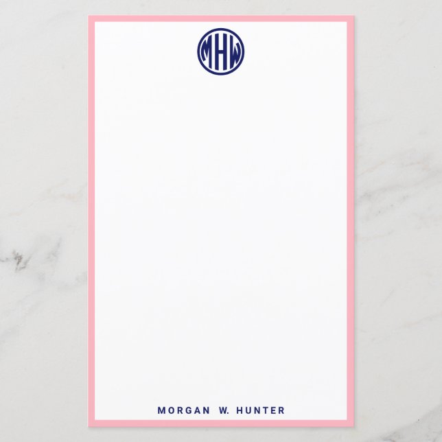 Rosa Branco Azul Círculo Fonte Monograma DIY BG (Frente)