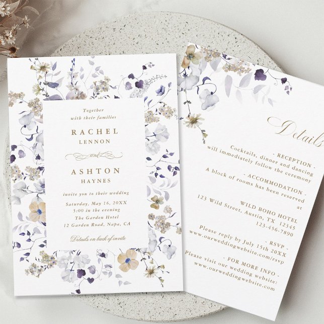 Rosa Branco Dourado Floral Convite de Casamento Tu (Front & Back)