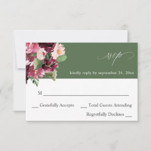 Rosa & Burgundy Floral 7 no Meal RSVP V2 - Verde