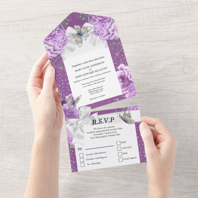Rosa cetim laço borboleta brilho prata roxo (Aba destacável)
