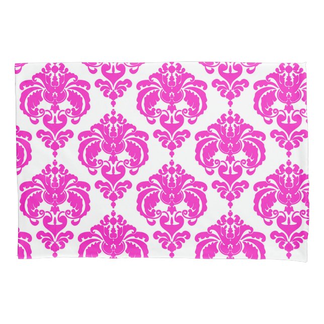 Rosa Choque e Branco Padrão Damask Elegante e Chiq (Frente)
