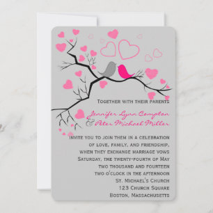 Rosa, Cinzas, Aves e Corações Convite Para Casamen