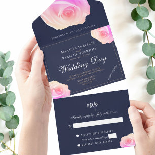 Rosa Cor-de-Rosa Azul-Marinho Floral Casamento