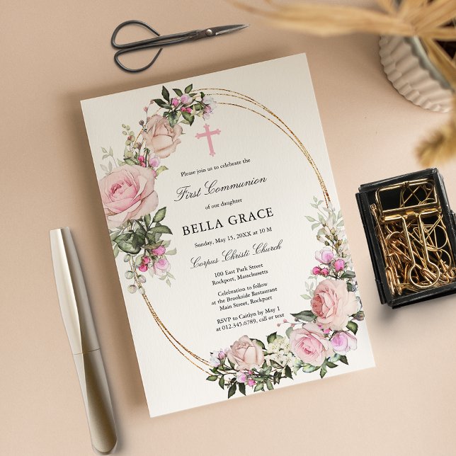 Rosa Cor-de-Rosa Floral Primeiro Convite Comunitár (Criador carregado)