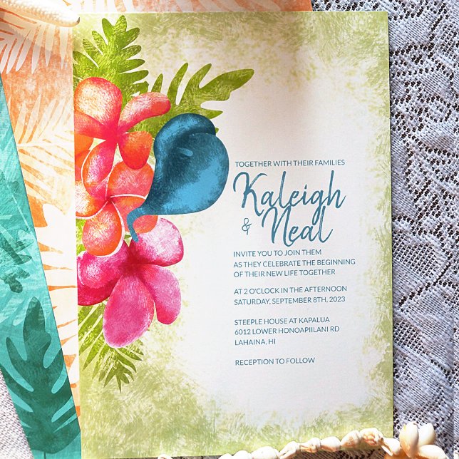 Rosa, Coral, Convite para Casamento Tropical de Te (Wedding Invite w/Coral,  Pink Plumeria Flowers w/ Tropical Teal Calla Lily and Green Island Leaves)