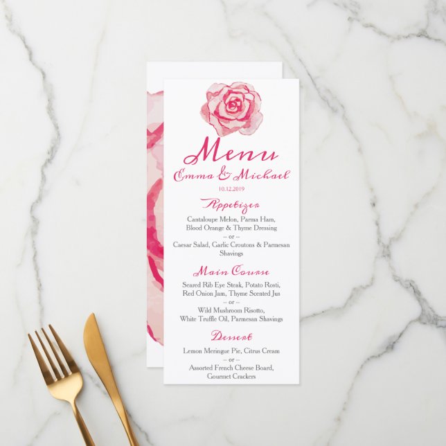 Rosa de Aquarela Rosa | Menu Casamento (Frente/Verso In Situ)