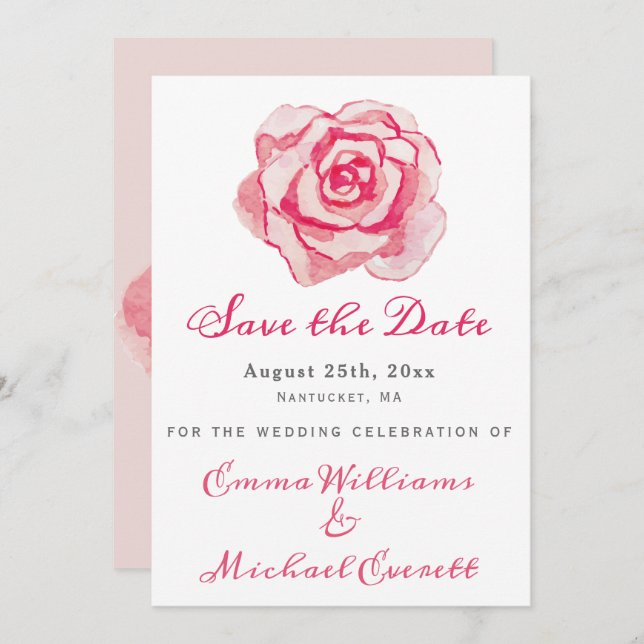 Rosa de Aquarela Rosa - Salve o Cartão de Data do  (Frente/Verso)