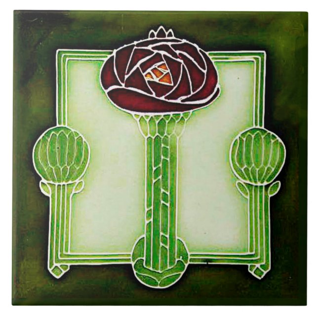 Rosa de Art Nouveau Mackintosh (Verde) Azulejo cer (Frente)