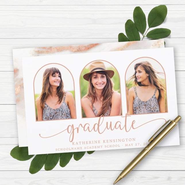 ROSA de BUDGET Gold Foil Marble 3 Graduação de Fot (BUDGET Rose Gold Foil Marble 3 Photo Graduation Announcement)
