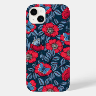 Rosa de cão e borboletas em azul e vermelho