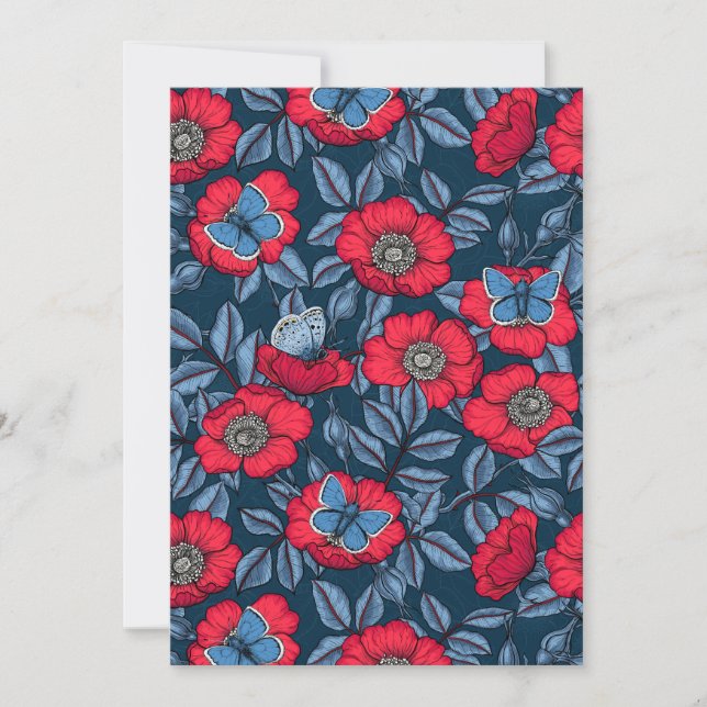 Rosa de cão e borboletas em azul e vermelho (Frente)