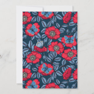 Rosa de cão e borboletas em azul e vermelho