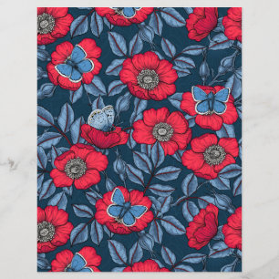Rosa de cão e borboletas em azul e vermelho
