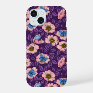 Rosa de cão e borboletas em rosa e roxo