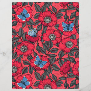 Rosa de cão e borboletas em vermelho e azul