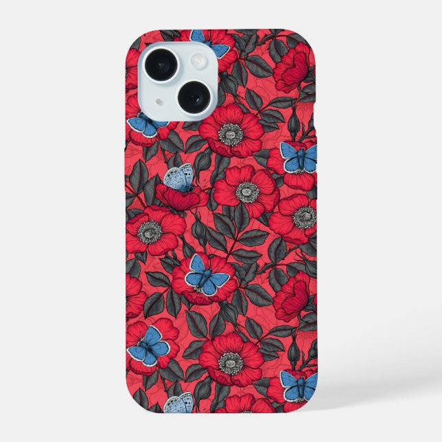 Rosa de cão e borboletas em vermelho e azul (Verso)