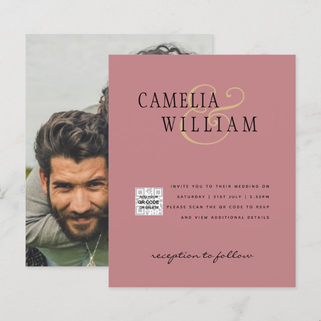 Rosa de Dusty do QRCode RSVP de Convite para Casam (Frente/Verso)