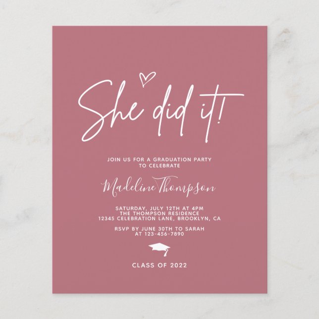 Rosa de Orçamento Coração Rosa Ela fez Graduação (Frente)