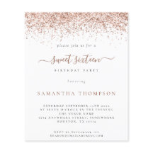 Rosa de orçamento Dourado Glitter Doce 16 Convite