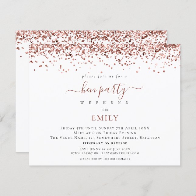 Rosa de Orçamento Glitter Dourado Hen Do Itinerári (Frente/Verso)