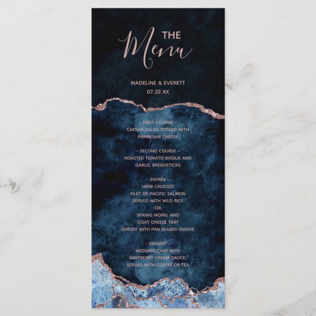 Rosa de Ouro Azul Naval Mármore Menu de Casamento (Frente)