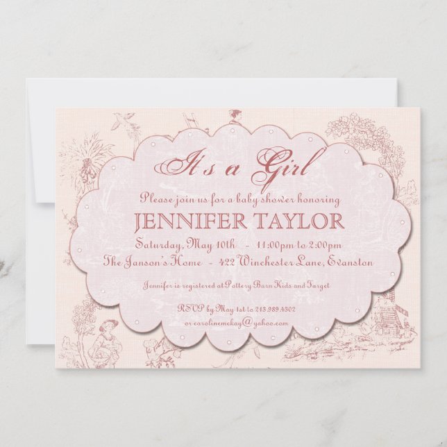 Rosa do convite do chá de fraldas de Toile do (Frente)