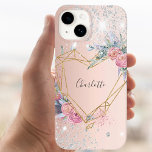 Rosa dourado, brilho prateado, monograma floral<br><div class="desc">Um fundo metálico rosa dourado. Pó de relva fina como decoração. Um coração ouro decorado com flores rosa. Personalize e adicione um nome. O nome está escrito em um moderno roteiro colorido de cinzas.</div>