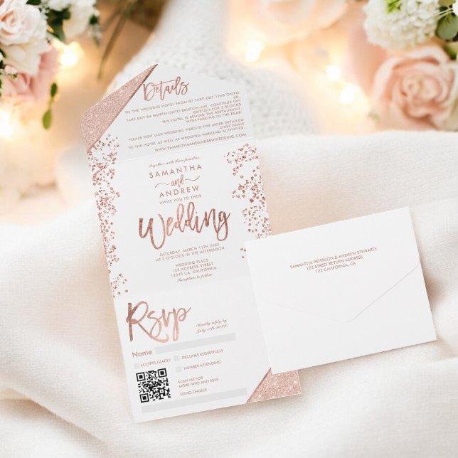 Rosa dourado confete branco chic casamento (Rose gold glitter confetti white chic wedding all in one invitation)