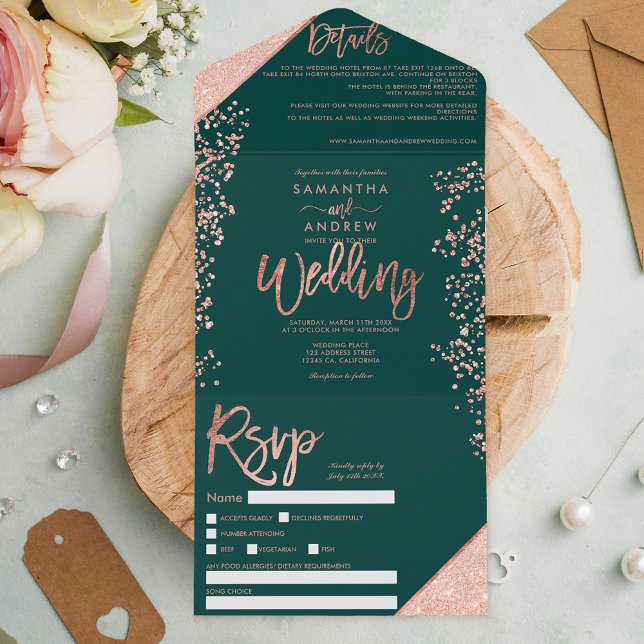 Rosa dourado confetti emerald green casamento (Criador carregado)
