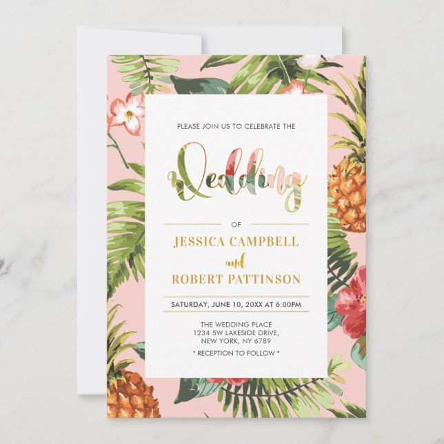 Rosa & Dourado | Convite de Casamento Tropical de  (Frente)