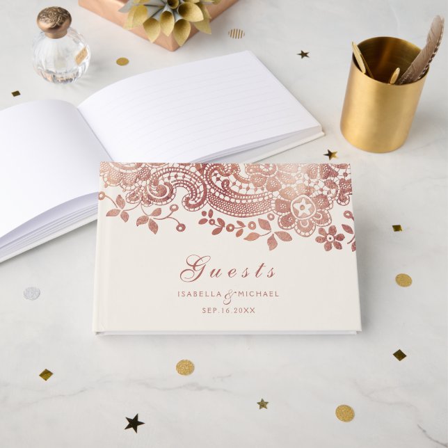 Rosa dourado elegante vintage lace livro de convid (Frente aberta)