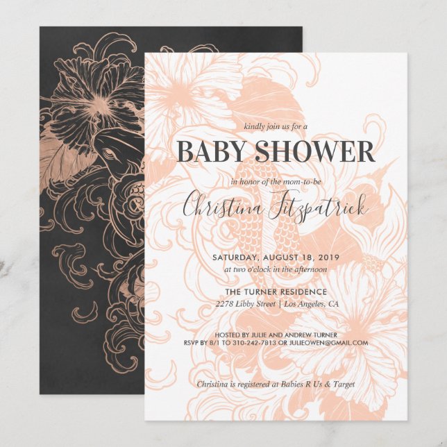 Rosa Dourado Floral Koi | Convite de Chá de Bebê (Frente/Verso)