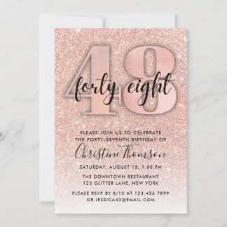 Rosa Dourado Glitter 48º Convite de Aniversário