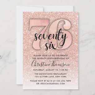 Rosa Dourado Glitter 76º Convite de Aniversário