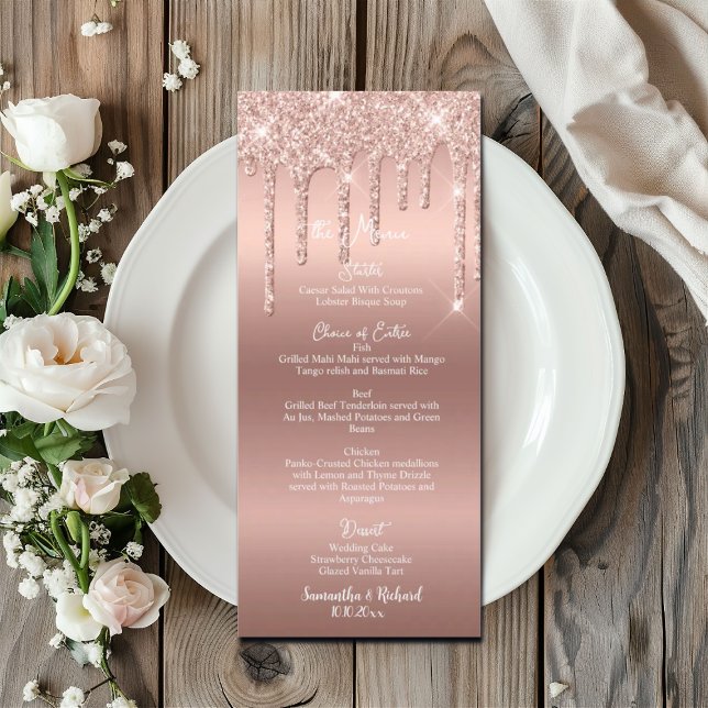 Rosa Dourado Glitter Metálico 4x9" Menu Casamento (Criador carregado)