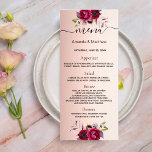 Rosa dourado menu de casamento burgundy florals el<br><div class="desc">Um cartão de casamento elegante,  moderno e romântico. Rosa dourado,  gradiente cor-de-rosa pincelado,  fundo de aparência metálica falsa,  decorado com flores em burgundy e rosa dourado. Modelos para seus nomes,  data e menu de casamento. Letras pretas coloridas. Fundo: Rosa dourado,  fundo de gradiente rosa-claro e florais.</div>