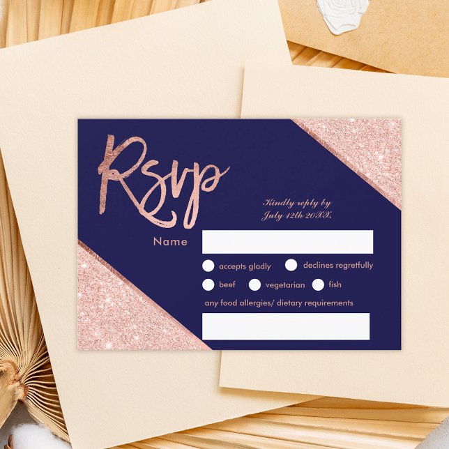 Rosa dourado script marinho azul rsvp casamento (Criador carregado)