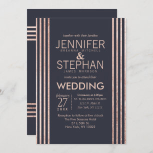 Rosa Dourado Stripes e Marinho Convite de Casament