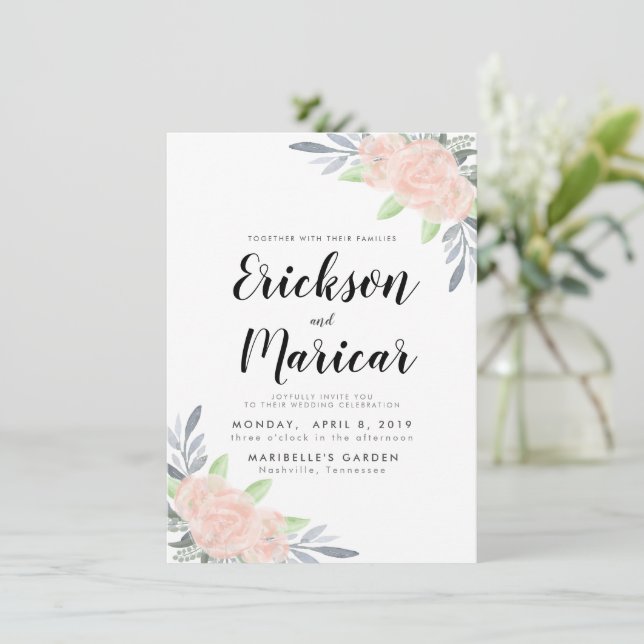 Rosa e Cinza Floral | Convite de Casamento (Em pé/Frente)