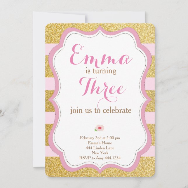 Rosa e Convite Dourado de Primeiro Aniversário (Frente)