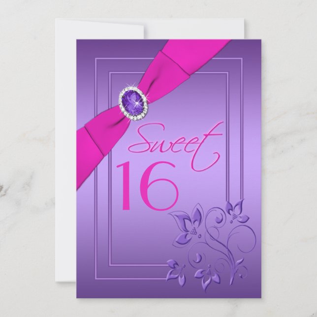 Rosa e convite floral roxo do doce dezesseis (Frente)