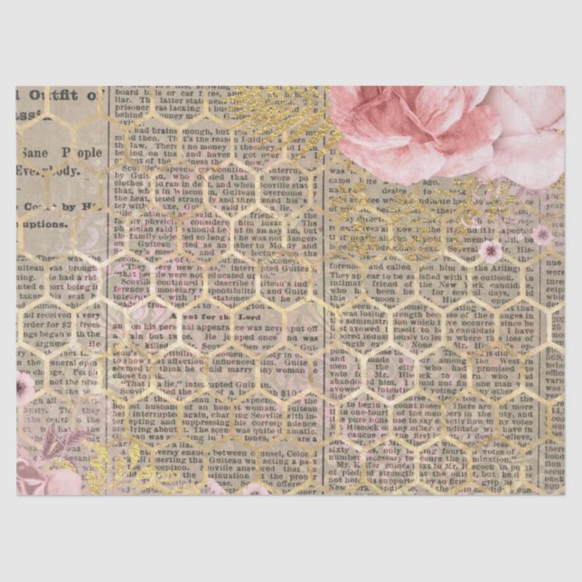 Rosa e Dourado Papel Teclado Decoupage Honeycomb (Frente )