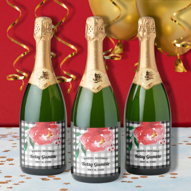 Rosa em Aquarela em Rótulos de Vinho Espumante Xad (Watercolor red rose on black and white gingham sparkling wine bottle personalized labels)